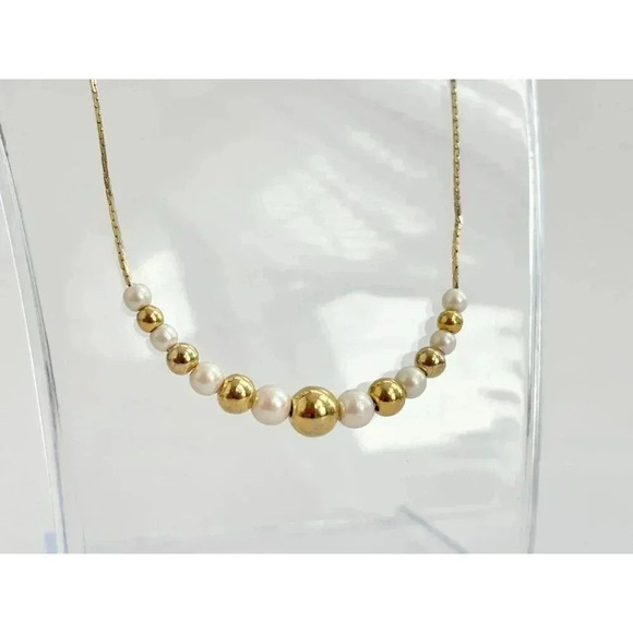 Vintage Gold & Pearl Adorned Cobra Style Chain Retro Necklace - 18" - Picture 5 of 6